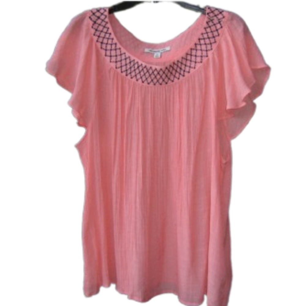 Zac & Rachel Women’s‎ 2X Pink Flutter Sleeve Blouse Top Embroidered Neckline
